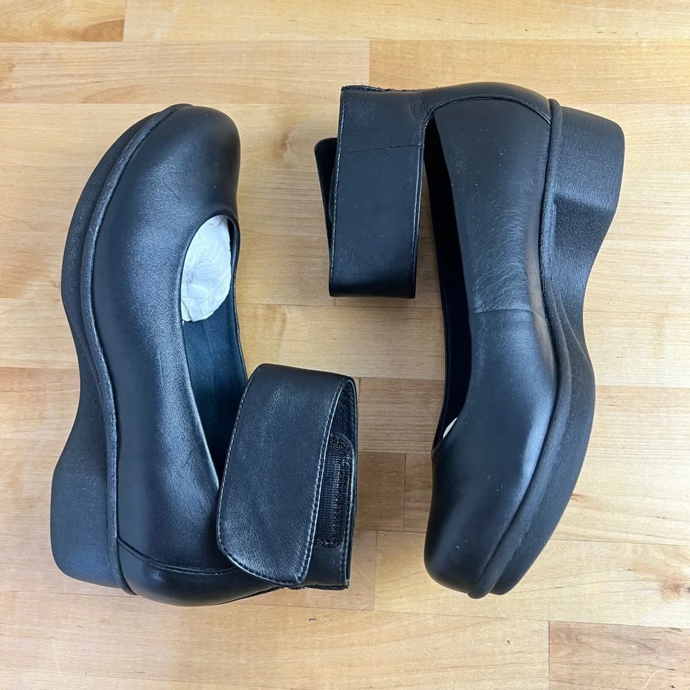 Dansko Shoes Lulu Size 37 Black Leather Ankle Strap Wedge Mary Jane Hook Loop